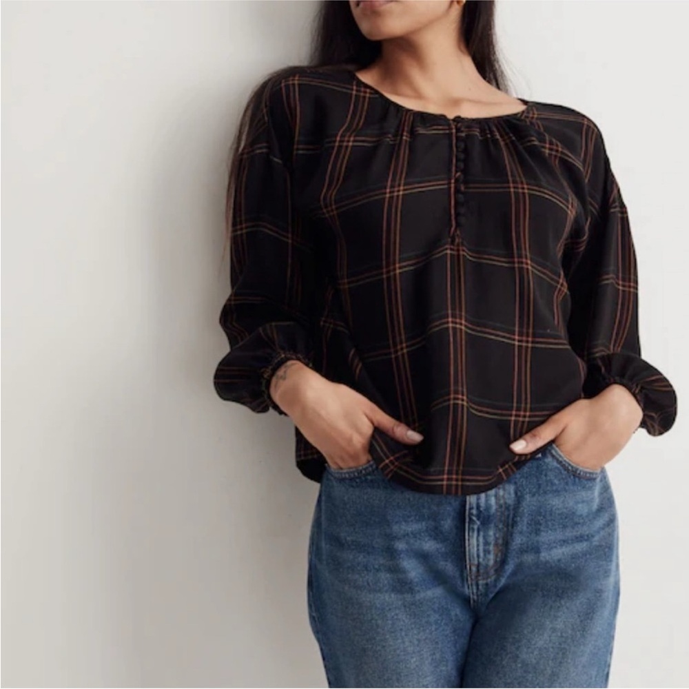 Madewell Shirred Peasant Top Windowpane Plaid Long Sleeve Wool Blend Button Up